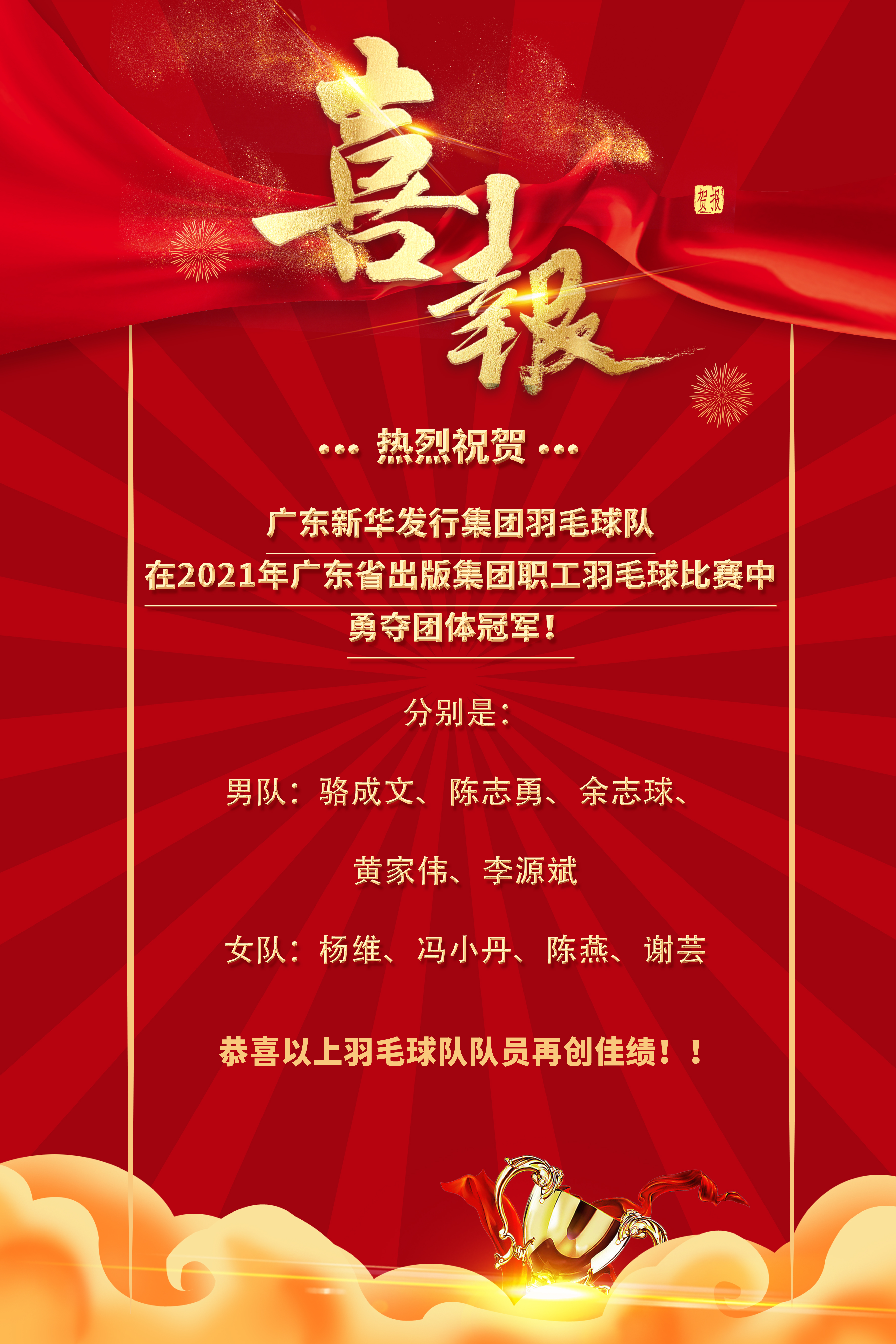 廣東新華發行集團羽毛球隊在2021年廣東省出版集團職工羽毛球比賽中勇奪團體冠軍
